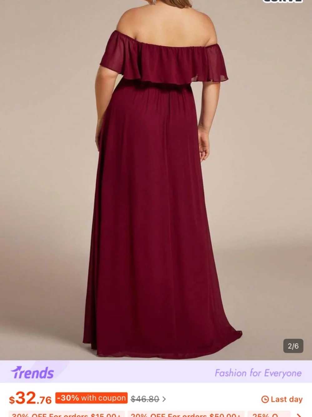 NWOT, 4XL/20 SHEIN Curve, Women's Burgundy Off-Shoulder Maxi Dress - Picture 12 of 13